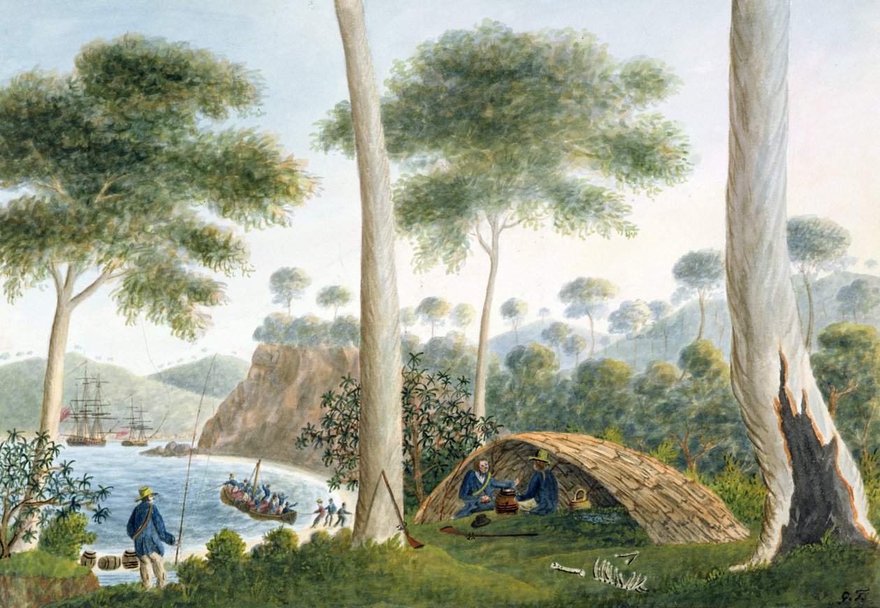 Native Hut (eller Wigwam) i Adventure Bay, Van Diemens Land, 1792 af Captain George Tobin