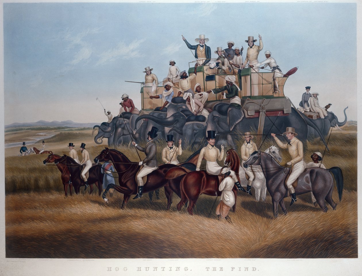 Hog Hunting: The Find, indgraveret og pub. af Mrs Fores, ca. 1840 (farvet gravering) af Captain John (after) Platt