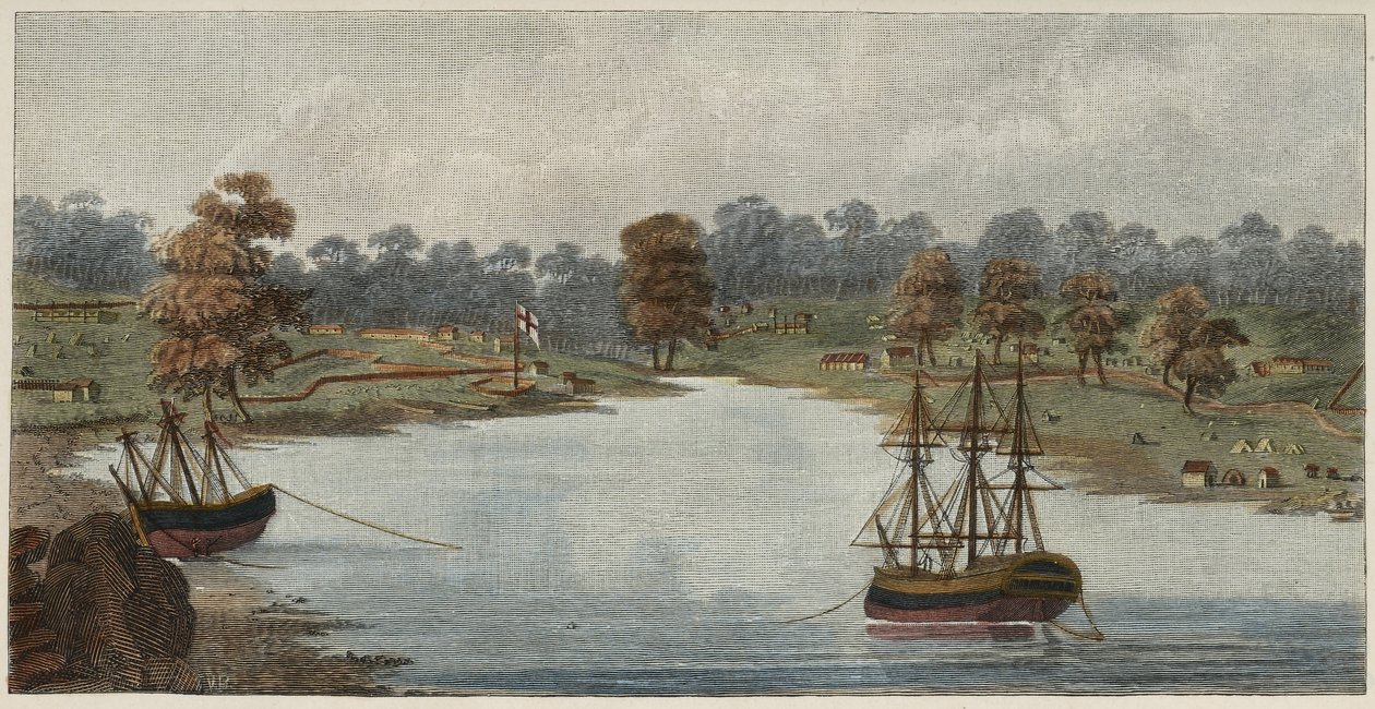 Sydney Cove, 1788 (håndfarvet kobberstik) af Captain John Hunter