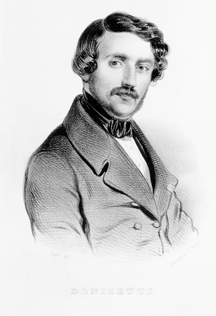 Portræt af Gaetano Donizetti (1797-1848) italiensk komponist, graveret af F. Boger af Carel Christian Anthony Last