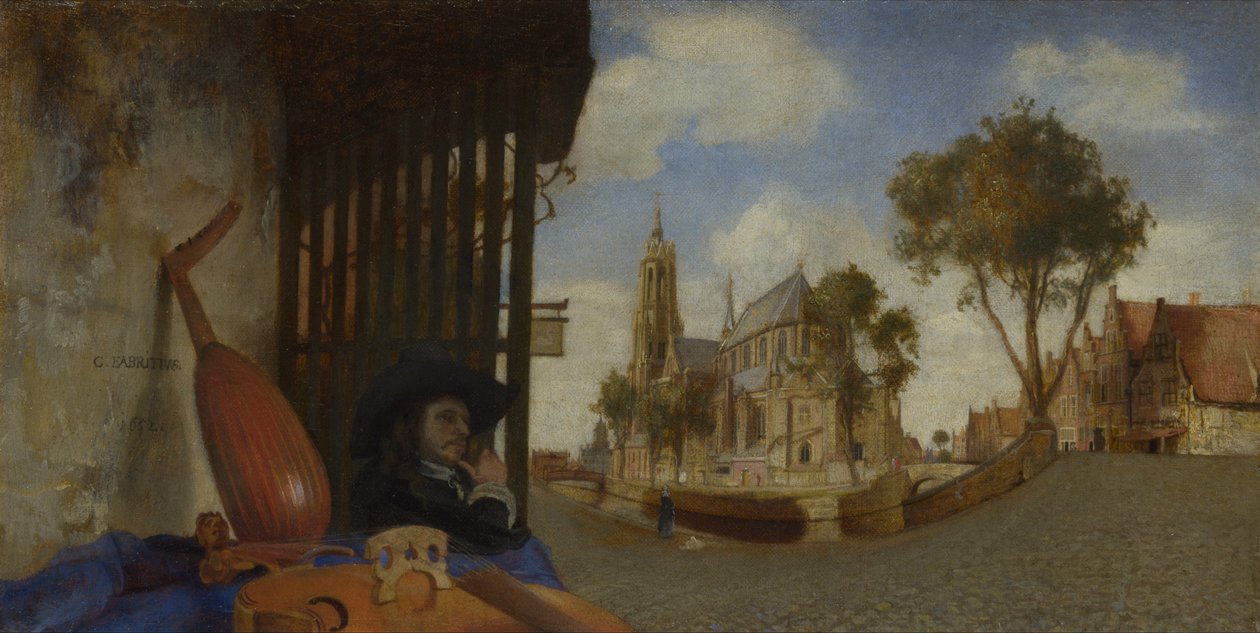 En udsigt over Delft, med en musikinstruments sælgers bod af Carel Fabritius