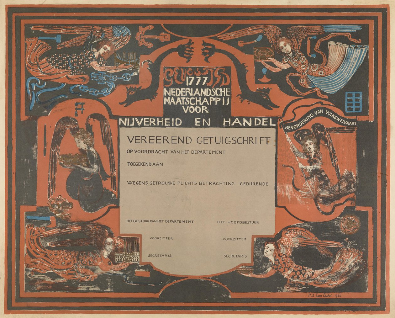 Certifikat fra Det Nederlandske Selskab for Industri og Handel af Carel Adolph Lion Cachet