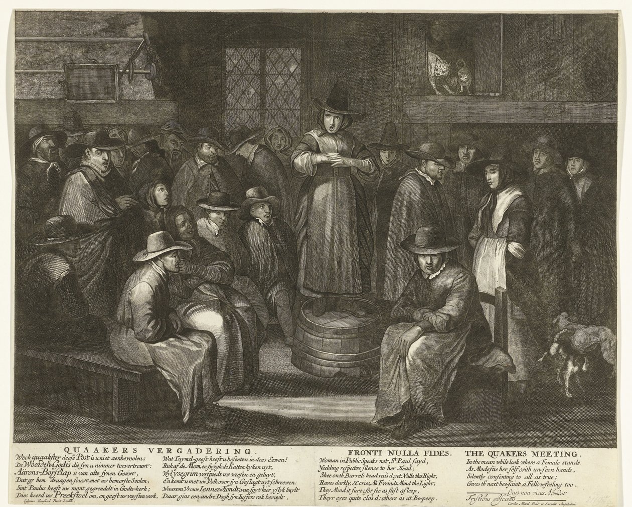 Tegneserie af de engelske kvækere, ca. 1656 Quaaker Meeting / Fronti Nulla Fides / The Quakers Meeting (titel på objekt) af Carel Allard