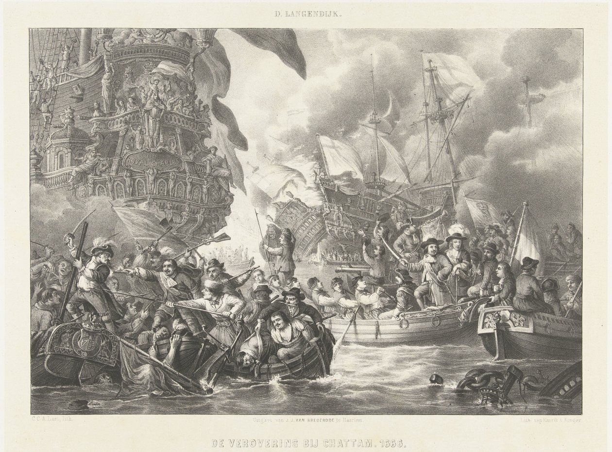 Rejsen til Chatham og erobringen af ​​Royal Charles, 1667 Erobringen ved Chattam. 1666 (titel på objekt) af Carel Christiaan Antony Last