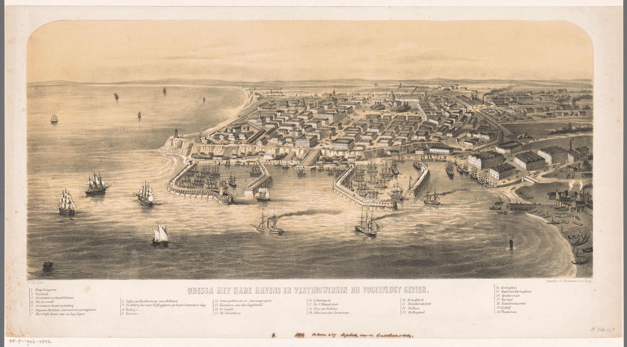 Odessa Havn Fugleperspektiv af Odessa med dets havne og befæstninger (titel på objektet) af Carel Christiaan Antony Last