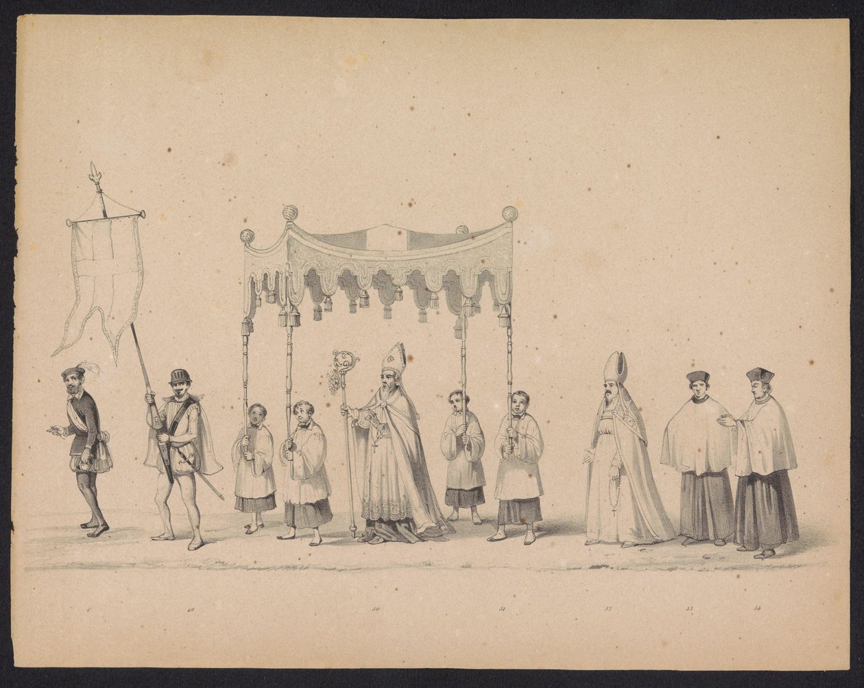 Masquerade of the Utrecht Students, 1846 (Tavle 10) Afbildning af den udklædte procession, der forestiller Filip II, Prins af Spaniens procession i Utrecht, 3. oktober 1549, afholdt 17. juni 1846 af H.H. Studerende fra Utrechtsche af Carel Christiaan Antony Last