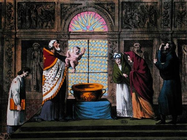 En russisk-ortodoks dåb, ca. 1810-20 (farve litho) af Carel Christian Anthony (after) Last