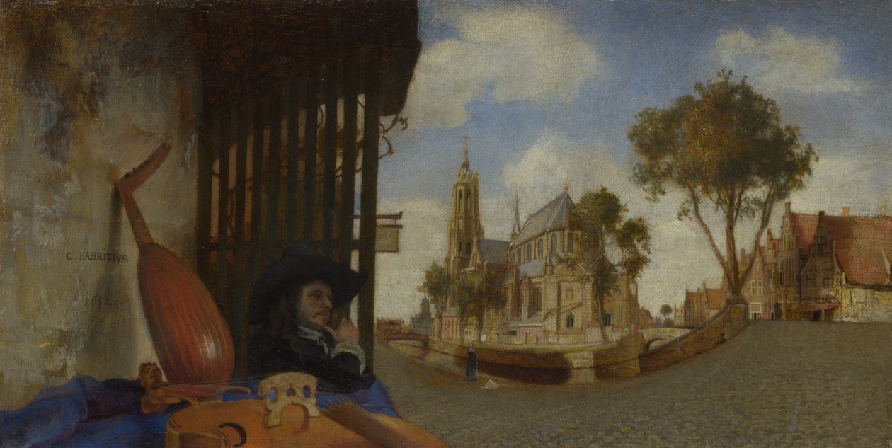 En udsigt over Delft, med en bod til sælgere af musikinstrumenter, 1652 af Carel Fabritius