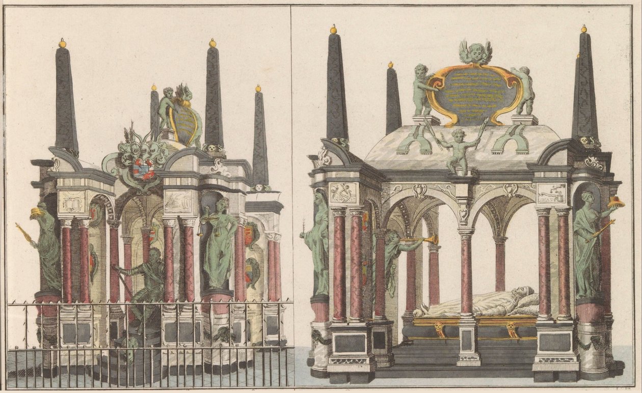 Praalgraf van Willem van Oranje i Delft, ca. 1790 Kongefamiliens superb mausoleum i den store kirke i Delft / Det samme taget fra nordsiden (titel på objekt) af Carel Frederik Bendorp (I) (possibly)