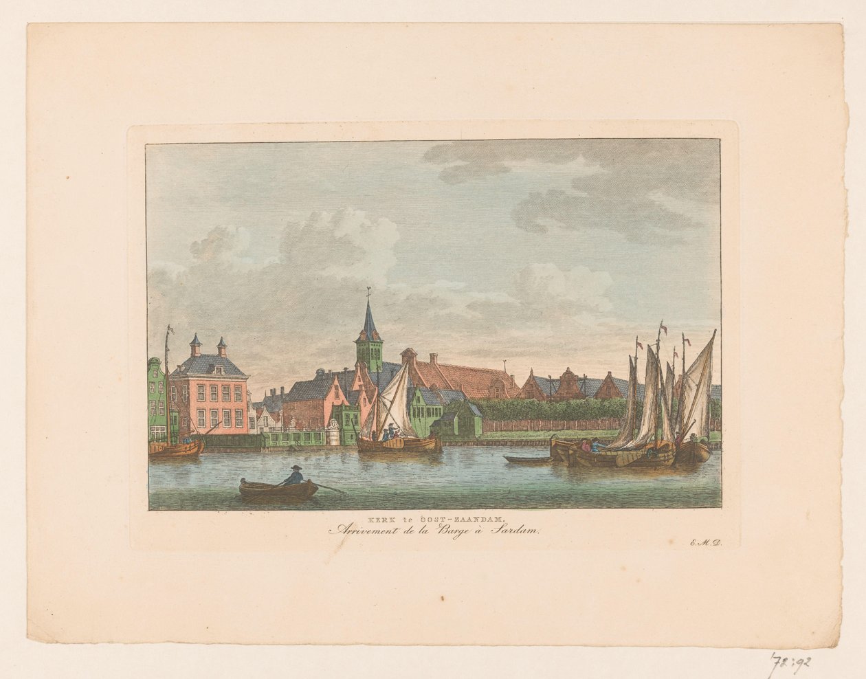 Udsigt over kirken i East Zaandam Kirke i East Zaandam / Arrivement de la Barge à Sardam (titel på objekt) af Carel Frederik Bendorp (I)