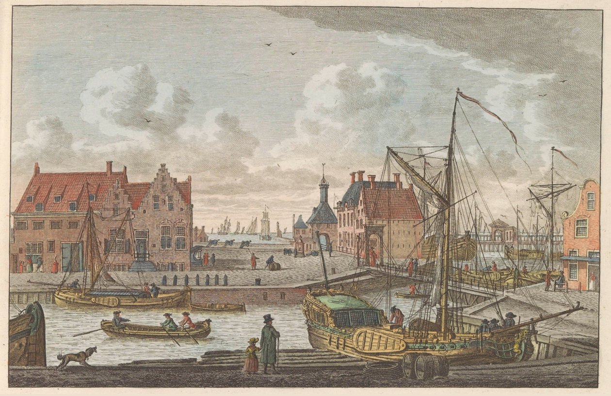 Harlingen havneport, ca. 1790 De Haven Poort i Harlingen / Vue de la porte au port à harlingen - premier port dela Frize (titel på objektet) af Carel Frederik Bendorp (I)