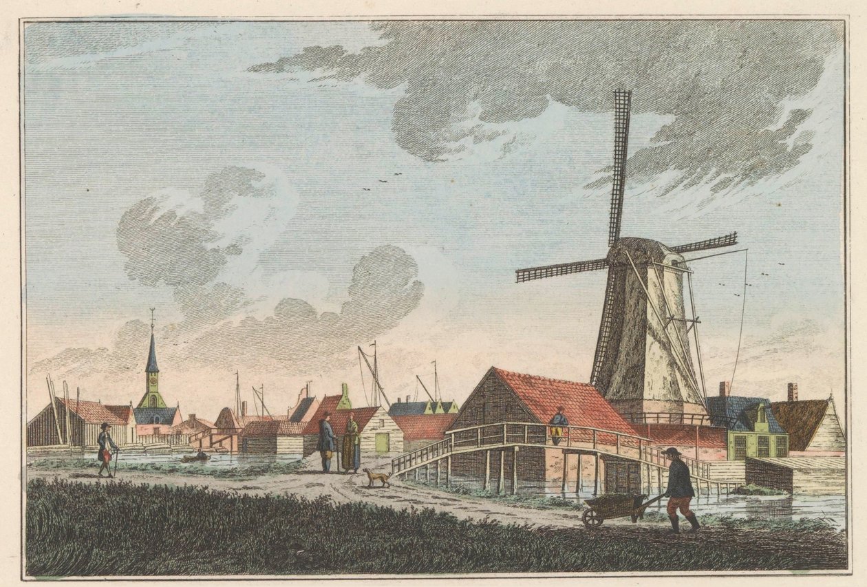 Nieuwendam, ca. 1790 Nieuwendam. Mod vest, kan ses fra Meerdijk (titel på objekt) af Carel Frederik Bendorp (I)