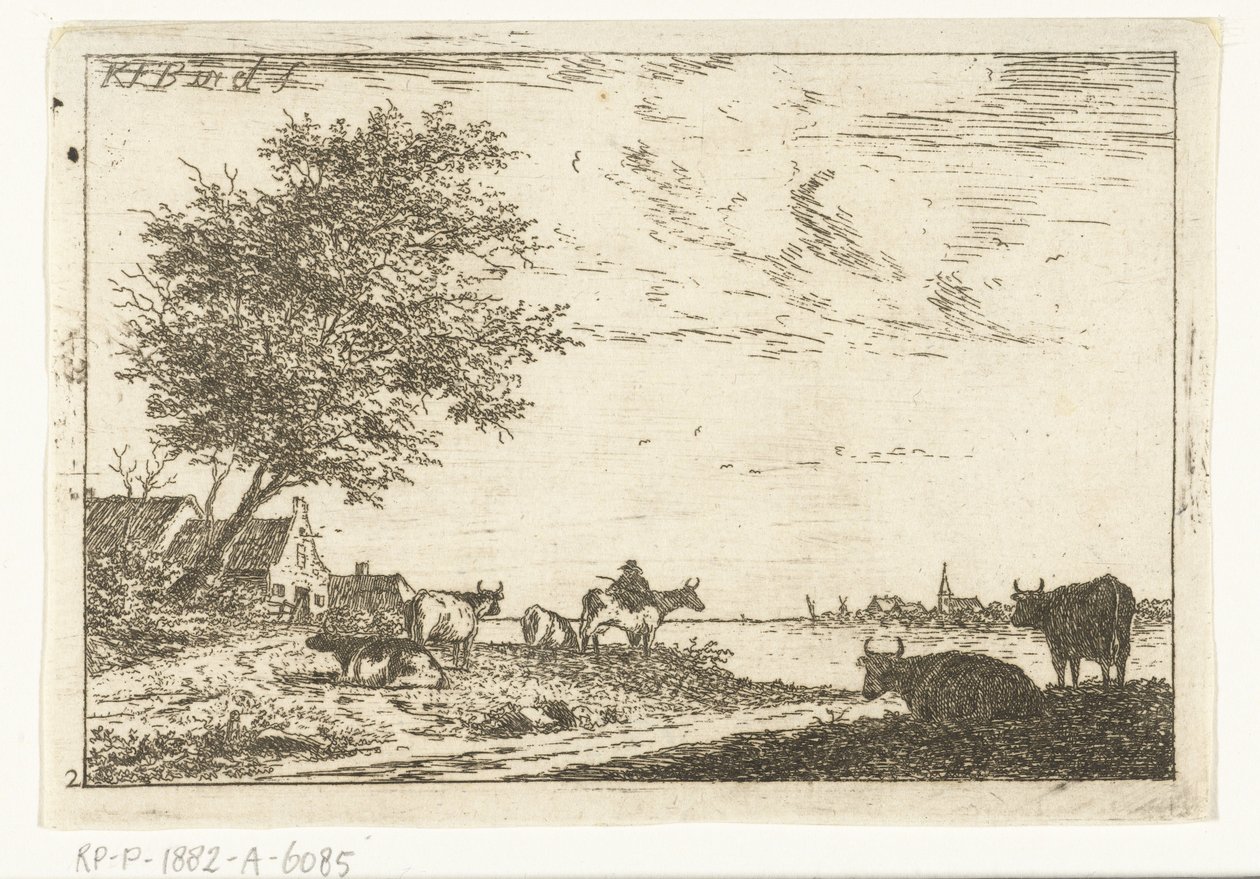 Flodlandskab med landmand og køer på gården Landskaber (serietitel) af Carel Frederik Bendorp (I)