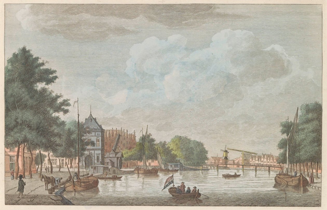 Spaarne i Haarlem, ca. 1790 Het Binnen Spaarne i Haarlem / Riviere dette reserveinteriør i Haarlem (titel på objekt) af Carel Frederik Bendorp (I)