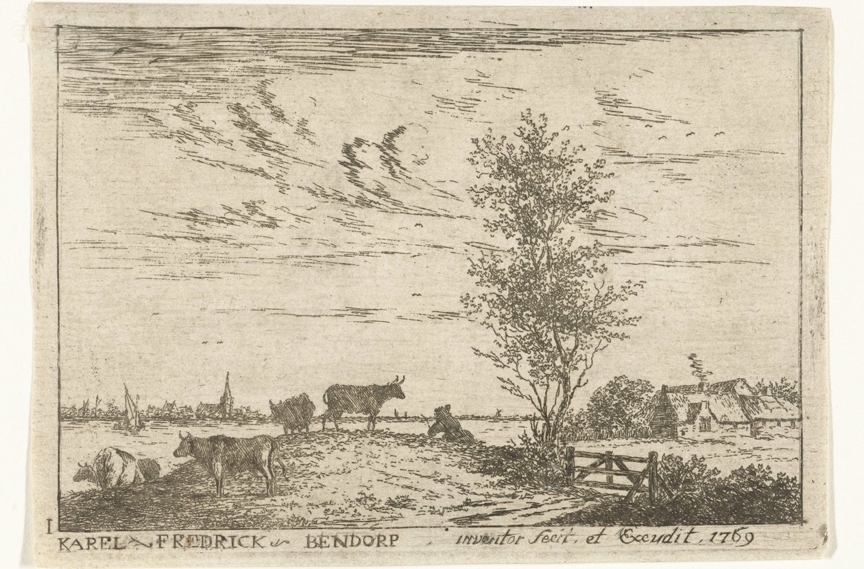 Titelprint med flodlandskab med køer Landskaber (serietitel) af Carel Frederik Bendorp (I)