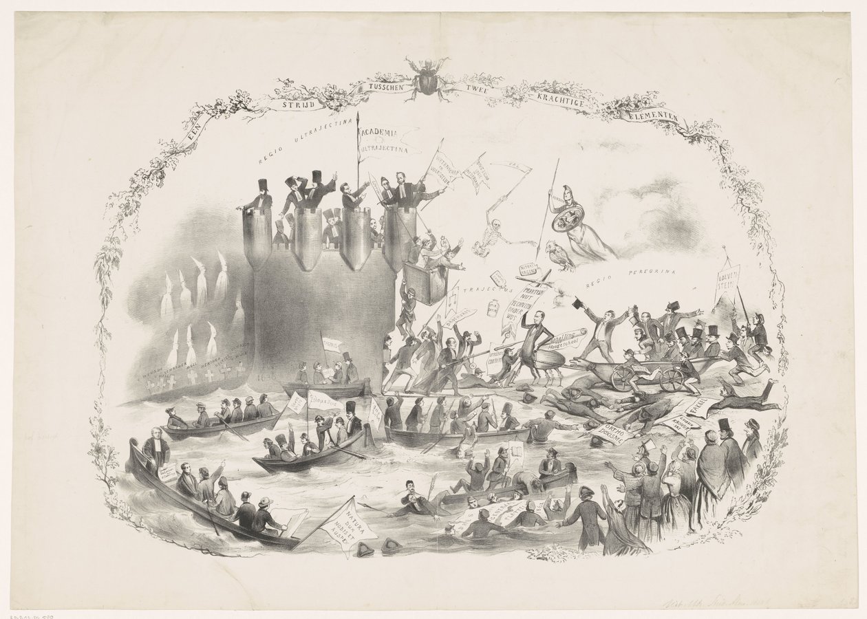 Tegneserie, der skildrer Thorbeckes planer om at afskaffe Utrecht University of Applied Sciences, 1863 En kamp mellem to kraftfulde elementer (titel på objekt) af Carel Hendrik Thiebout
