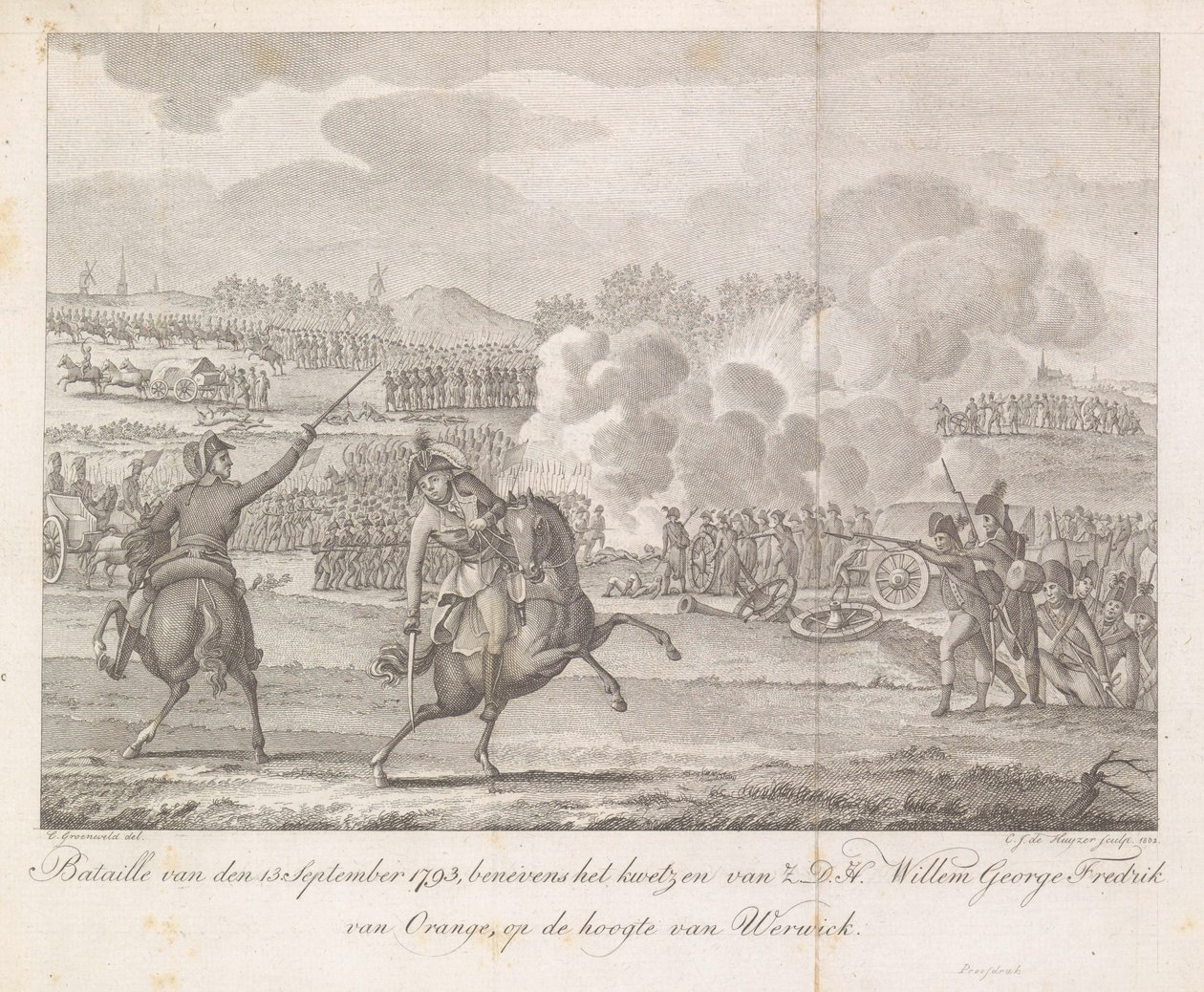 Prins Frederik er såret i Wervik, 1793 Bataille af 13. september 1793, foruden at såre H.D.H. Willem George Fredrik af Orange, på forkant med Werwick (titel på objekt) af Carel Jacob de Huyser