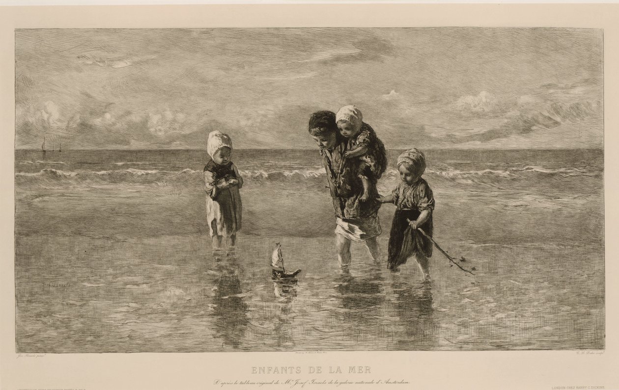 Fire børn leger med en legetøjsbåd på stranden i lavt havvand Havets børn Enfants de la mer (titel på objekt) af Carel Lodewijk Dake
