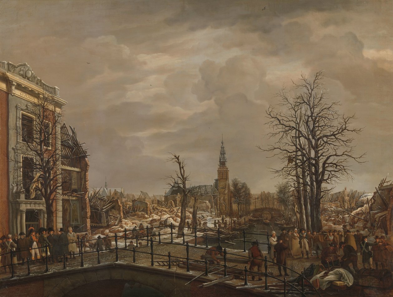 Rapenburg i Leiden Rapenburg, Leiden, tre dage efter eksplosionen af et pulverskib den 12. januar 1807 af Carel Lodewijk Hansen (signed by artist)