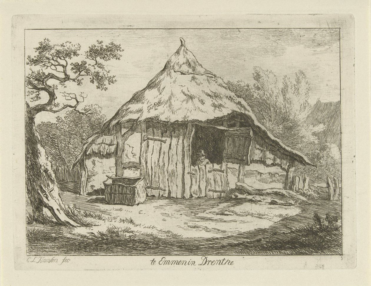 Stuehus med åben overdør Te Emmen i Drenthe (titel på objekt) Landskaber (1-6) (serietitel) af Carel Lodewijk Hansen