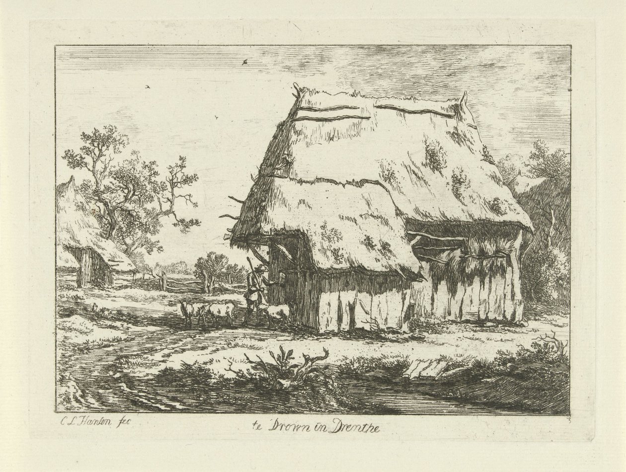 Hyrde ved en fårefold Te Drown in Drenthe (titel på objekt) Landskaber (1-6) (serietitel) af Carel Lodewijk Hansen