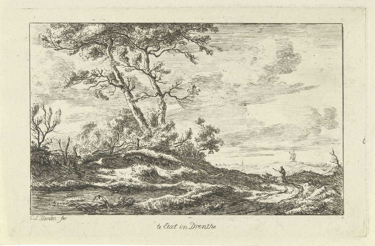 Hyrde på en landevej Te Eext i Drenthe (titel på objekt) Landskaber (a-f) (serietitel) af Carel Lodewijk Hansen