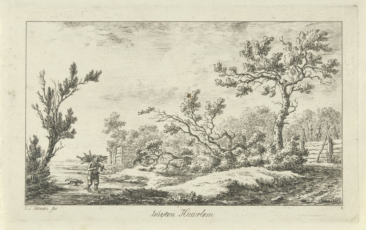 træsamler Buyten Haarlem (titel på objekt) Landskaber (a-f) (serietitel) af Carel Lodewijk Hansen