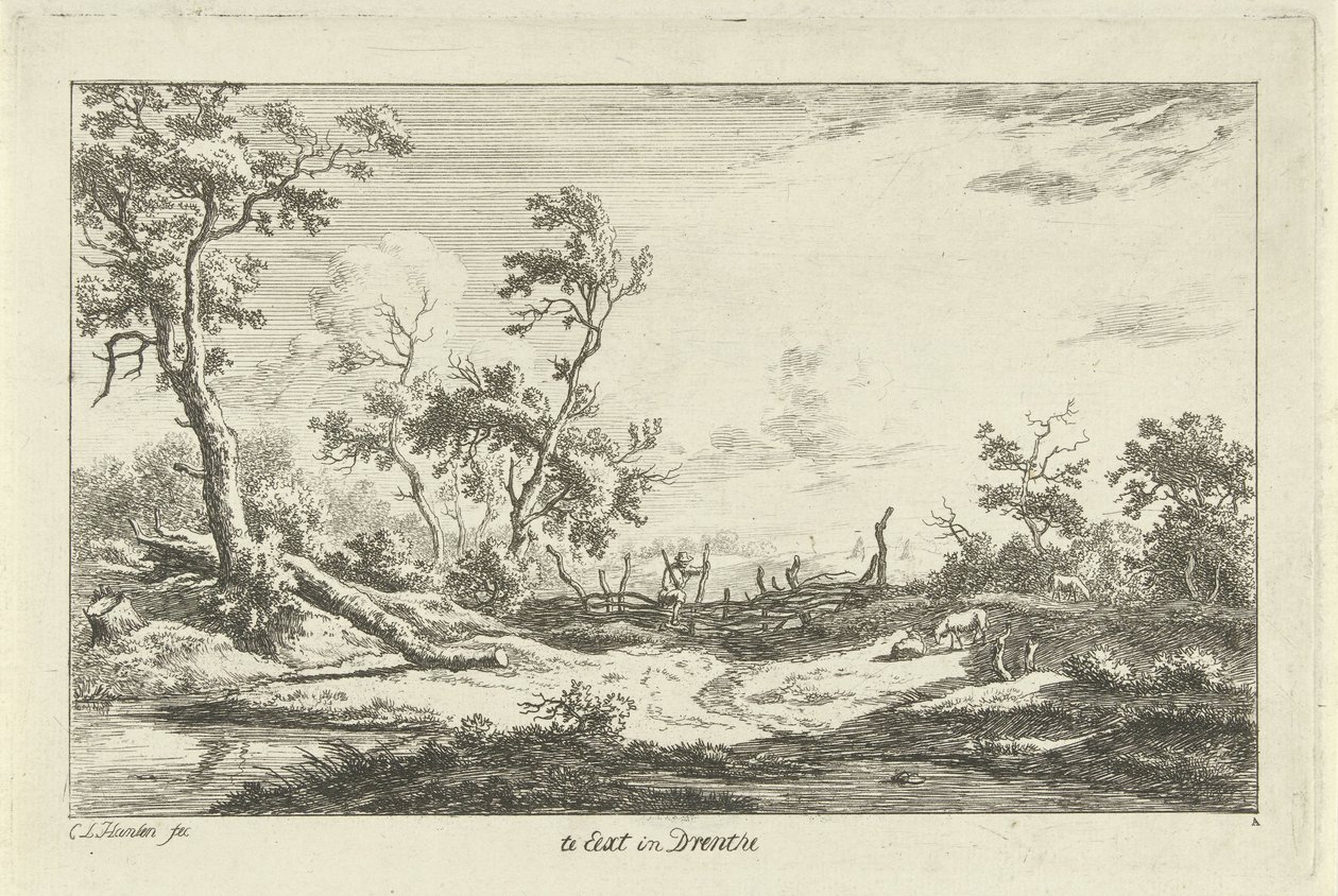 Jæger i et landskab Te Eext i Drenthe (titel på objekt) Landskaber (A-F) (serietitel) af Carel Lodewijk Hansen