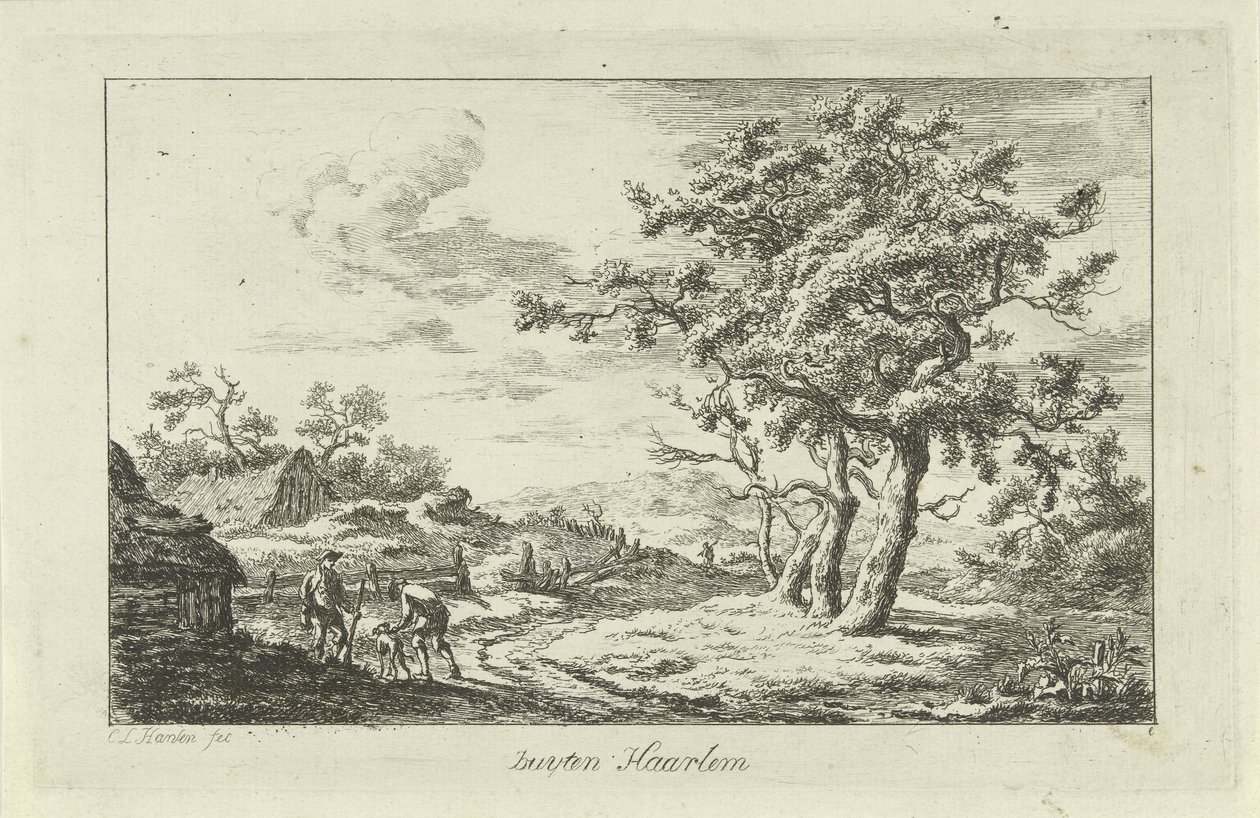Jægere med en hund på sporet Buyten Haarlem (titel på objekt) Landskaber (a-f) (serietitel) af Carel Lodewijk Hansen