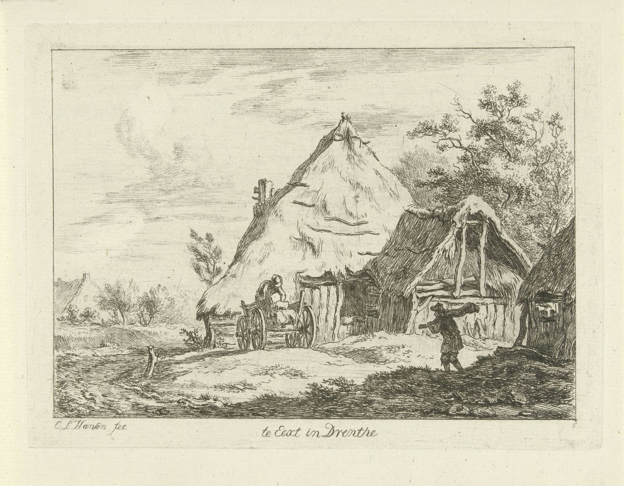 Vogn til en gård Te Eext i Drenthe (titel på objekt) Landskaber (1-6) (serietitel) af Carel Lodewijk Hansen
