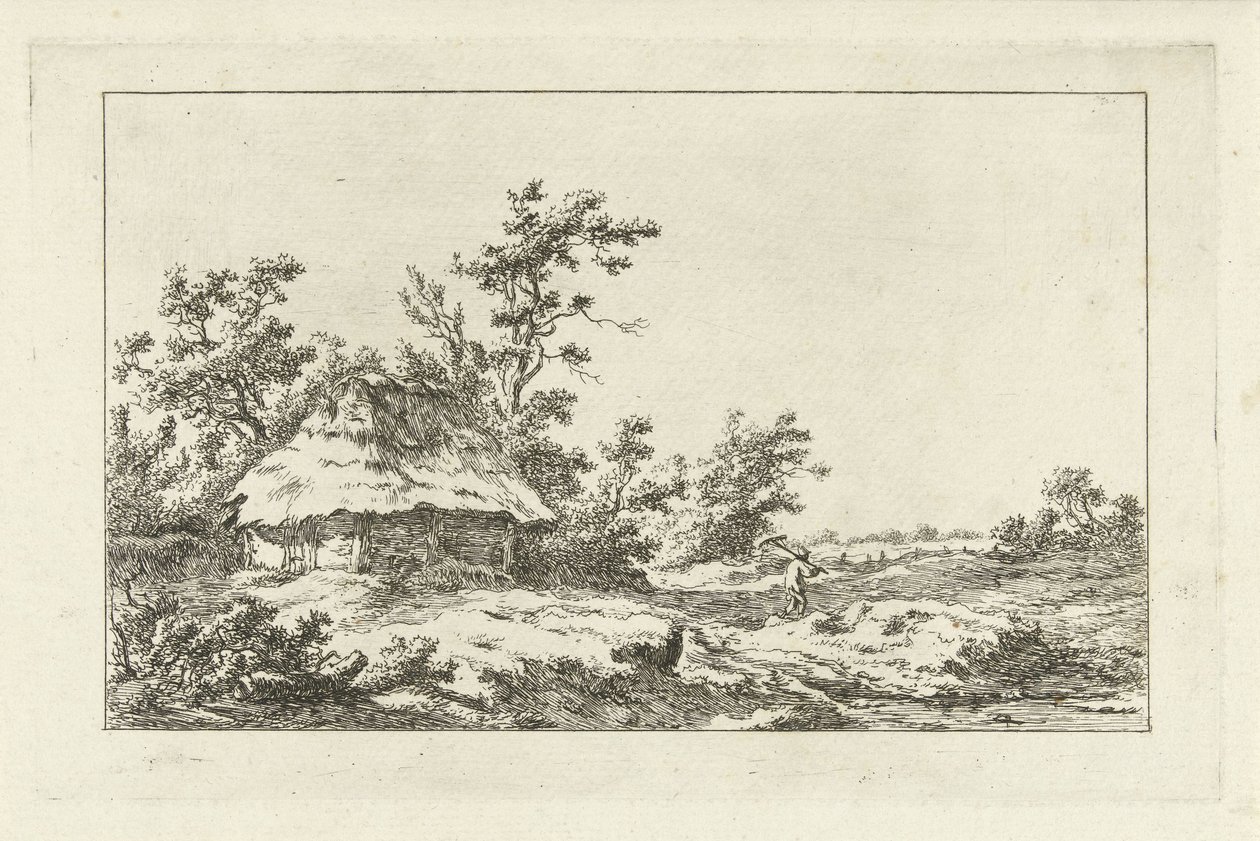 Mand med en rive ved en lade Landskaber (A-F) (serietitel) af Carel Lodewijk Hansen