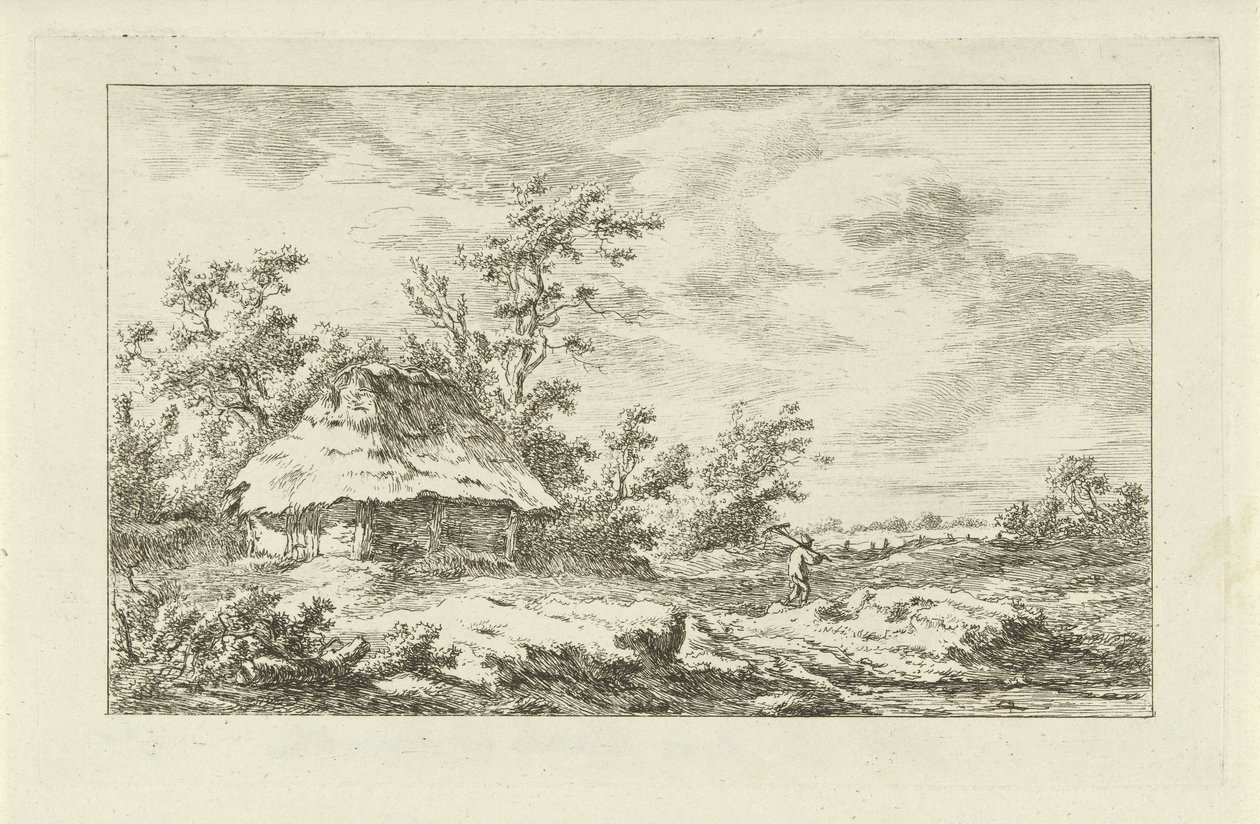 Mand med en rive ved en lade Landskaber (A-F) (serietitel) af Carel Lodewijk Hansen