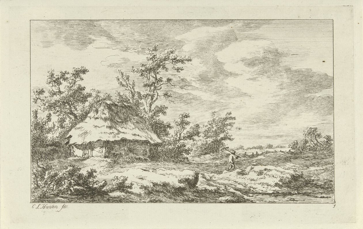 Mand med en rive ved en lade Landskaber (A-F) (serietitel) af Carel Lodewijk Hansen