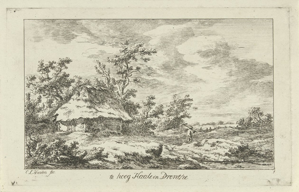 Mand med en rive ved en lade For høj Haale i Drenthe (titel på objekt) Landskaber (A-F) (serietitel) af Carel Lodewijk Hansen