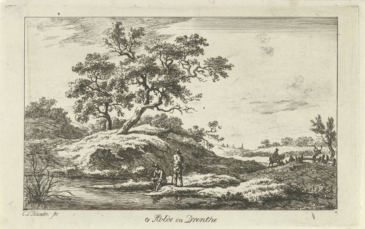 Rejsende ved vandet Te Rolde i Drenthe (titel på objekt) Landskaber (a-f) (serietitel) af Carel Lodewijk Hansen