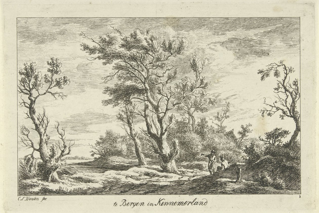 Rejsende i et Landskab I Bergen i Kennemerland (titel på objekt) Landskaber (A-F) (serietitel) af Carel Lodewijk Hansen