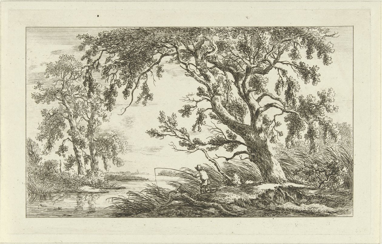 Fisker i et flodlandskab Landskaber (a-f) (serietitel) af Carel Lodewijk Hansen