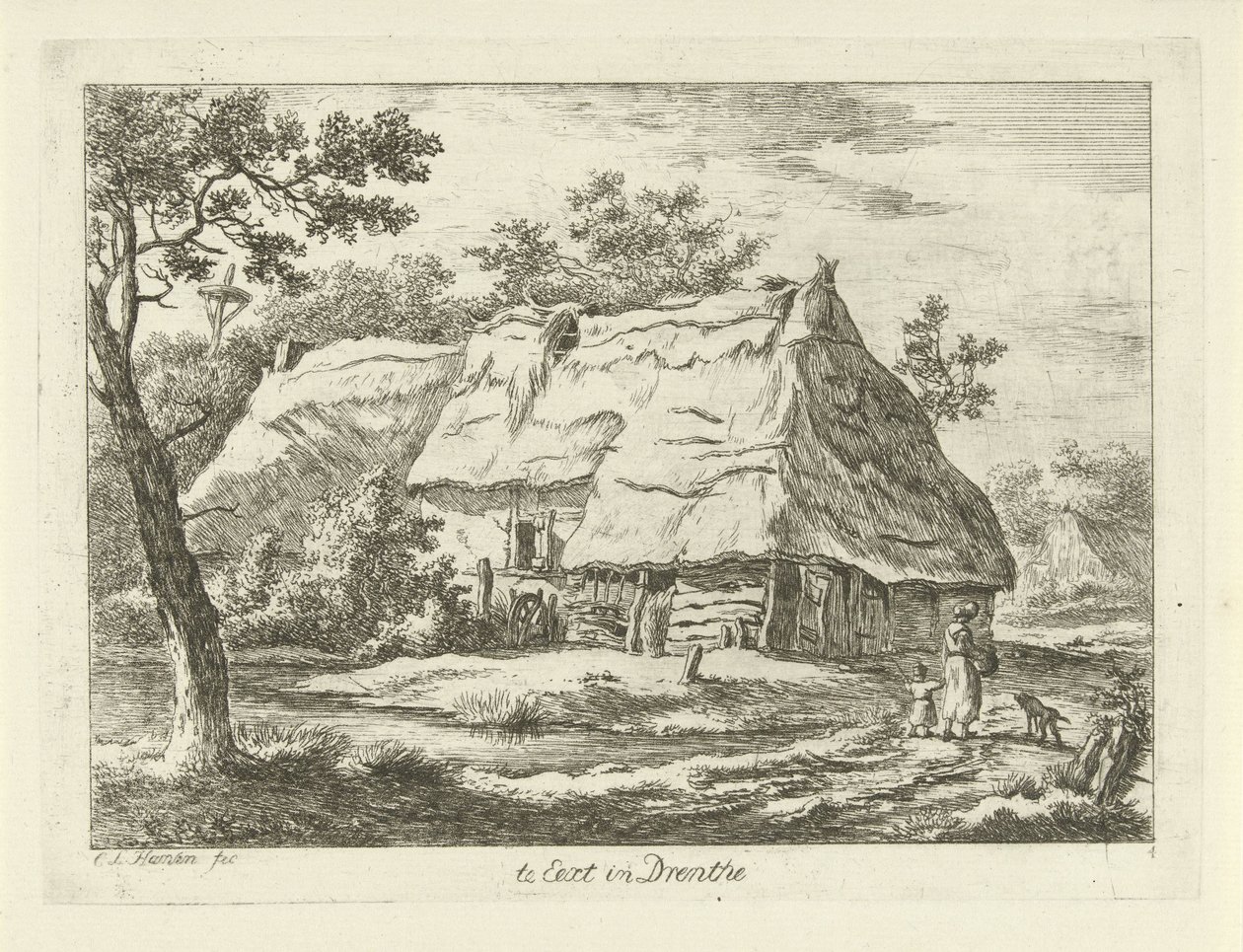 Kvinde med barn på en gård Te Eext i Drenthe (titel på objekt) Landskaber (1-6) (serietitel) af Carel Lodewijk Hansen