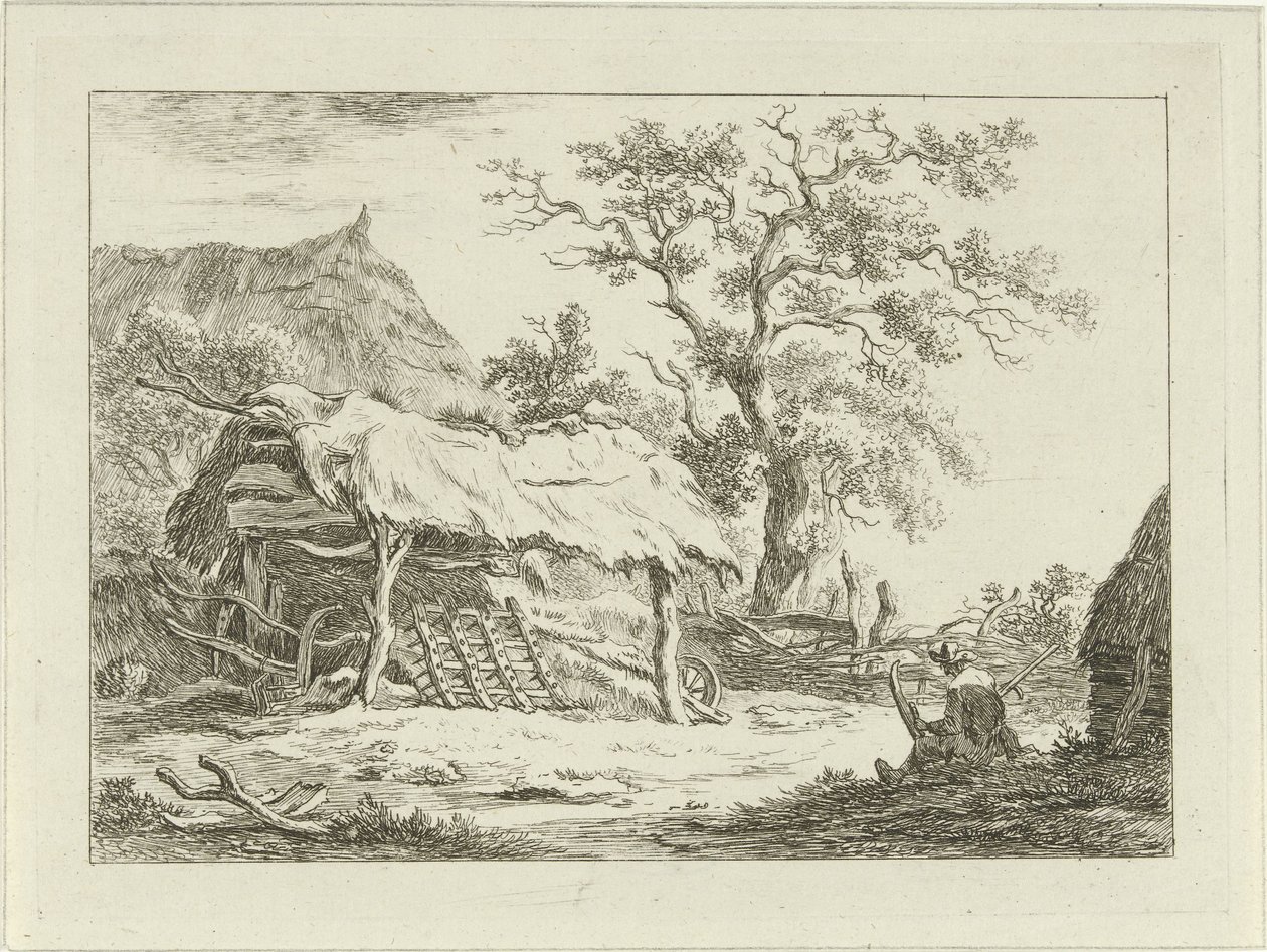 Siddende figur ved en lade Landskaber (1-6) (serietitel) af Carel Lodewijk Hansen
