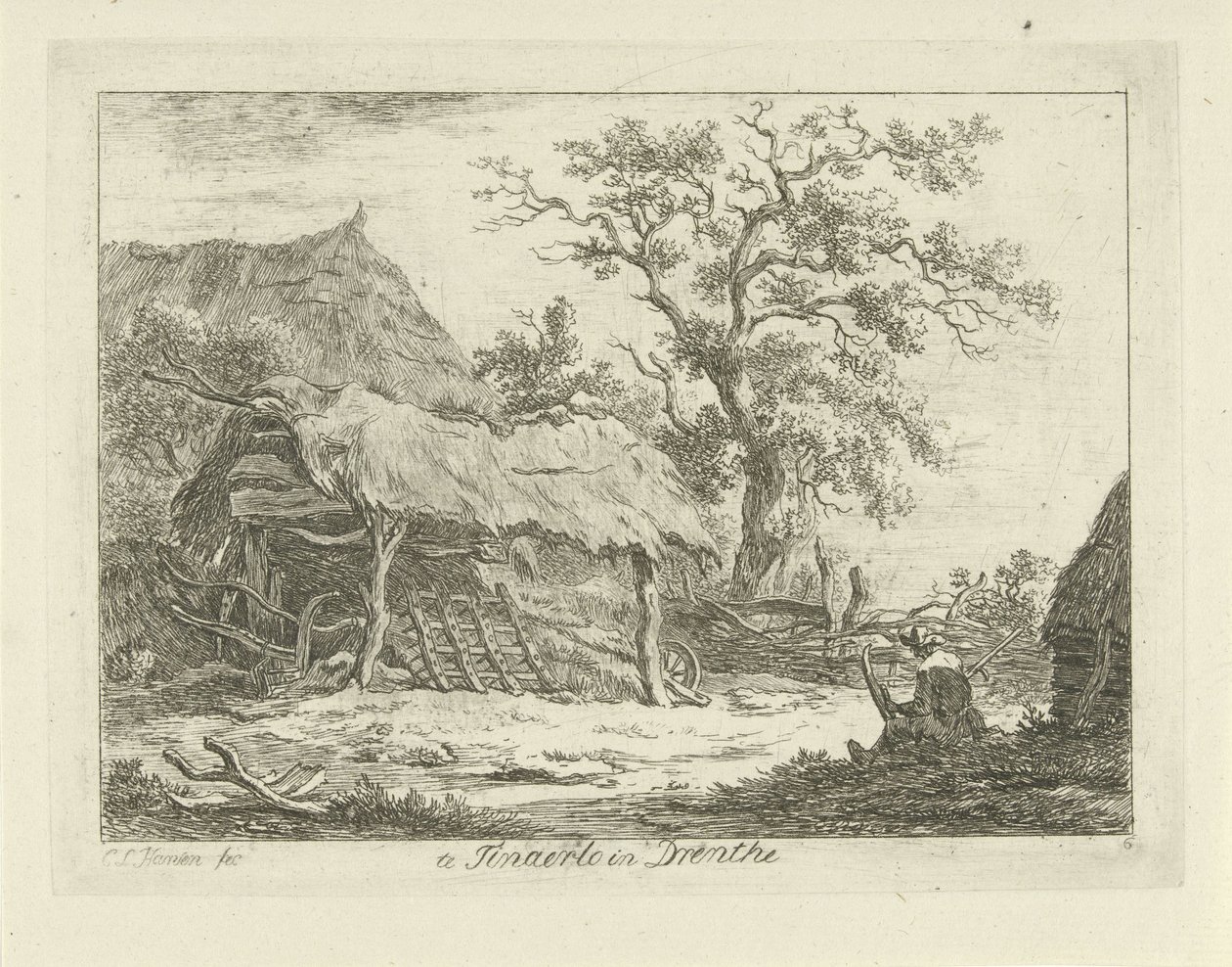 Siddende figur ved en lade Te Tinaerlo i Drenthe (titel på objekt) Landskaber (1-6) (serietitel) af Carel Lodewijk Hansen