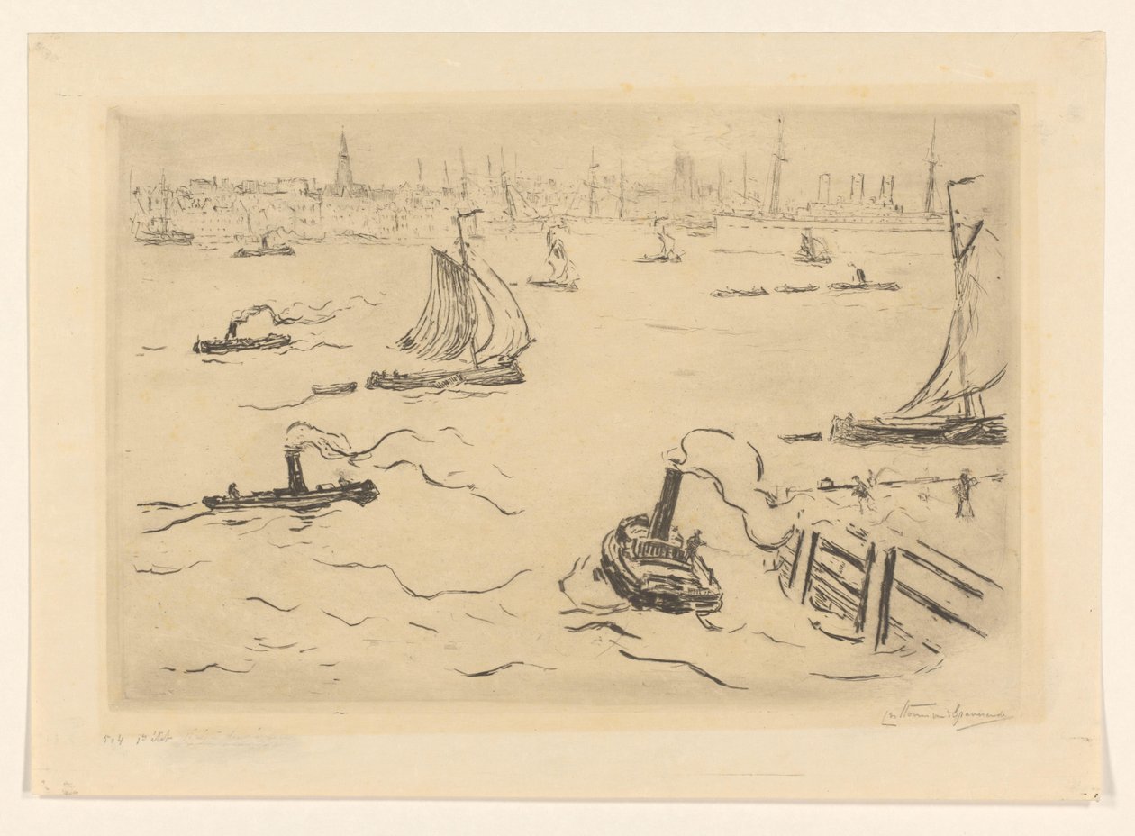 Flod med skibe nær en by af Carel Nicolaas Storm van 