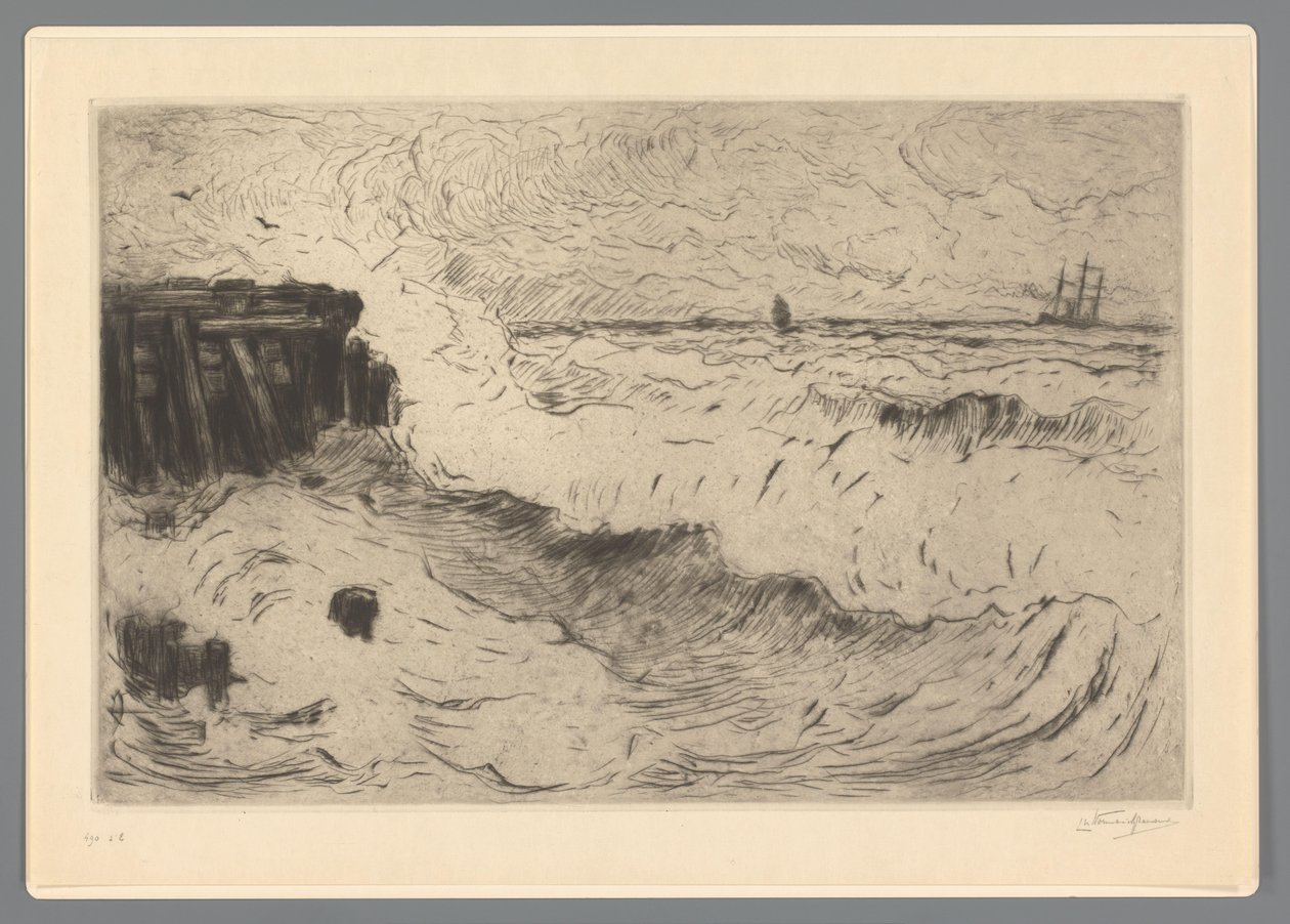 Vildt hav med et sejlskib ved en mole af Carel Nicolaas Storm van 