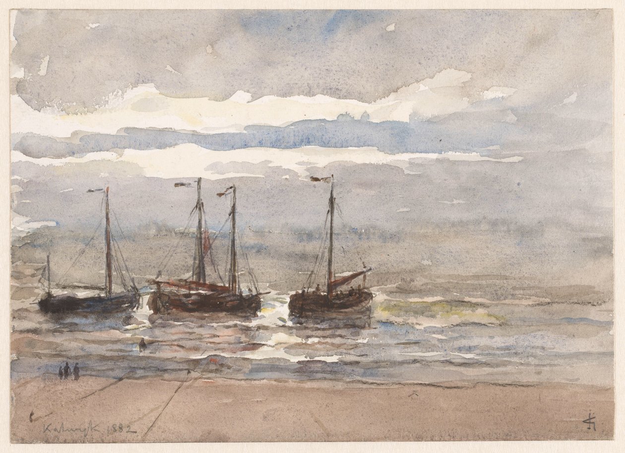 Fiskerskibe på stranden i Katwijk ved stigende tidevand af Carel Nicolaas Storm van 