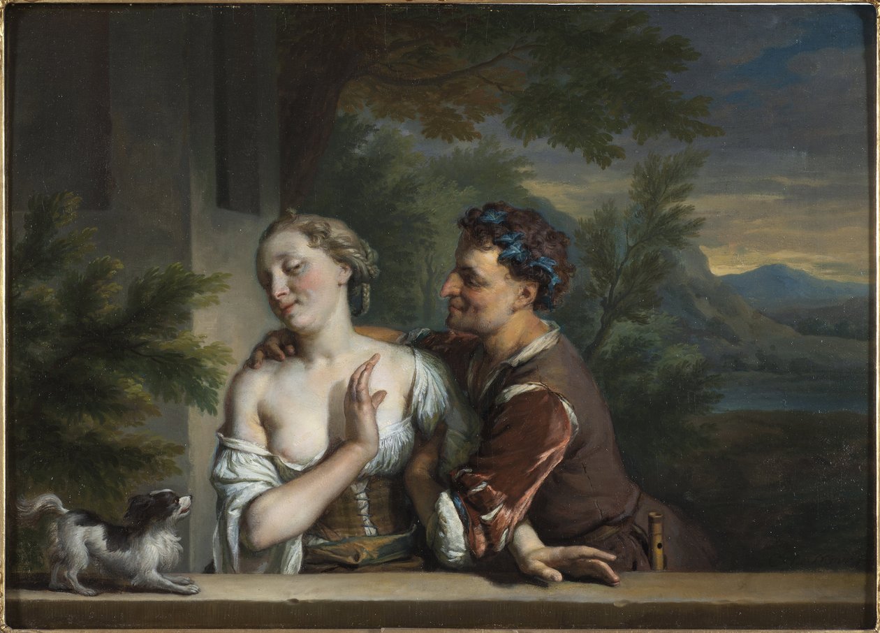 En mand, der prøver at omfavne en kvinde, af Carel (Charles) de Moor (1656-1738). Olie på lærred. Størrelse: 33,5x47cm. Nationalmuseum Stockholm af Carel De Moor