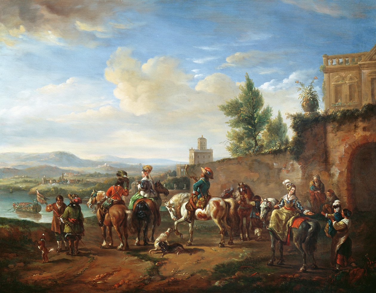 Et jagtselskab ved et landsted af Carel van Falens or Valens
