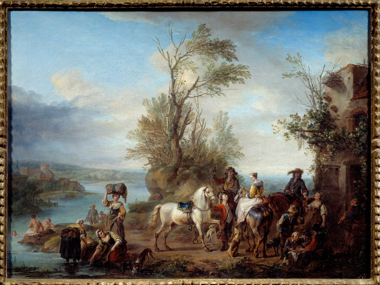 Gå på jagt Lavandieres og svøm ved bredden af en flod. Maleri af Carel van Falens (1683-1733) 1726 søn. 0,45x0,6 m af Carel van Falens or Valens