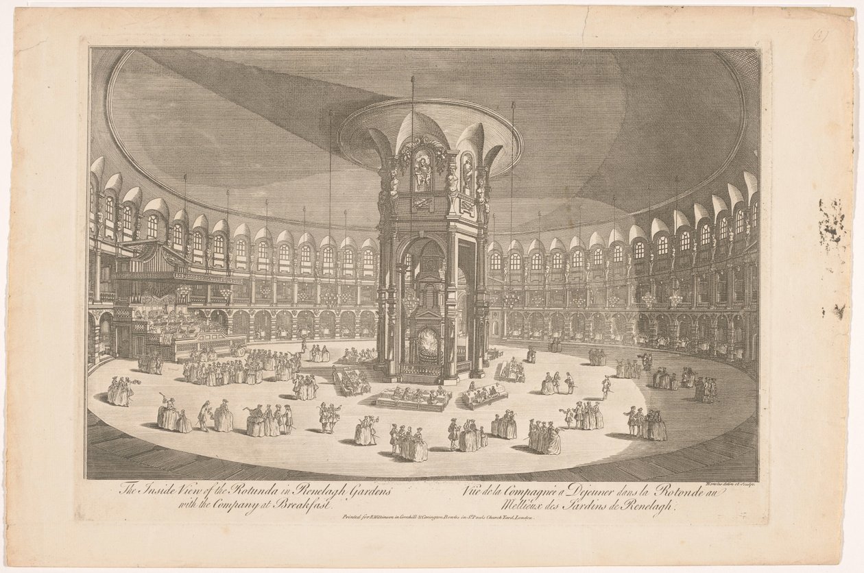 Udsigt over det indre af Rotunda i Ranelagh Gardens i London med en gruppe, der spiser et måltid Det indvendige billede af Rotunda i Renelagh Gardens med selskabet til morgenmad (titel på objekt) af Carington Bowles