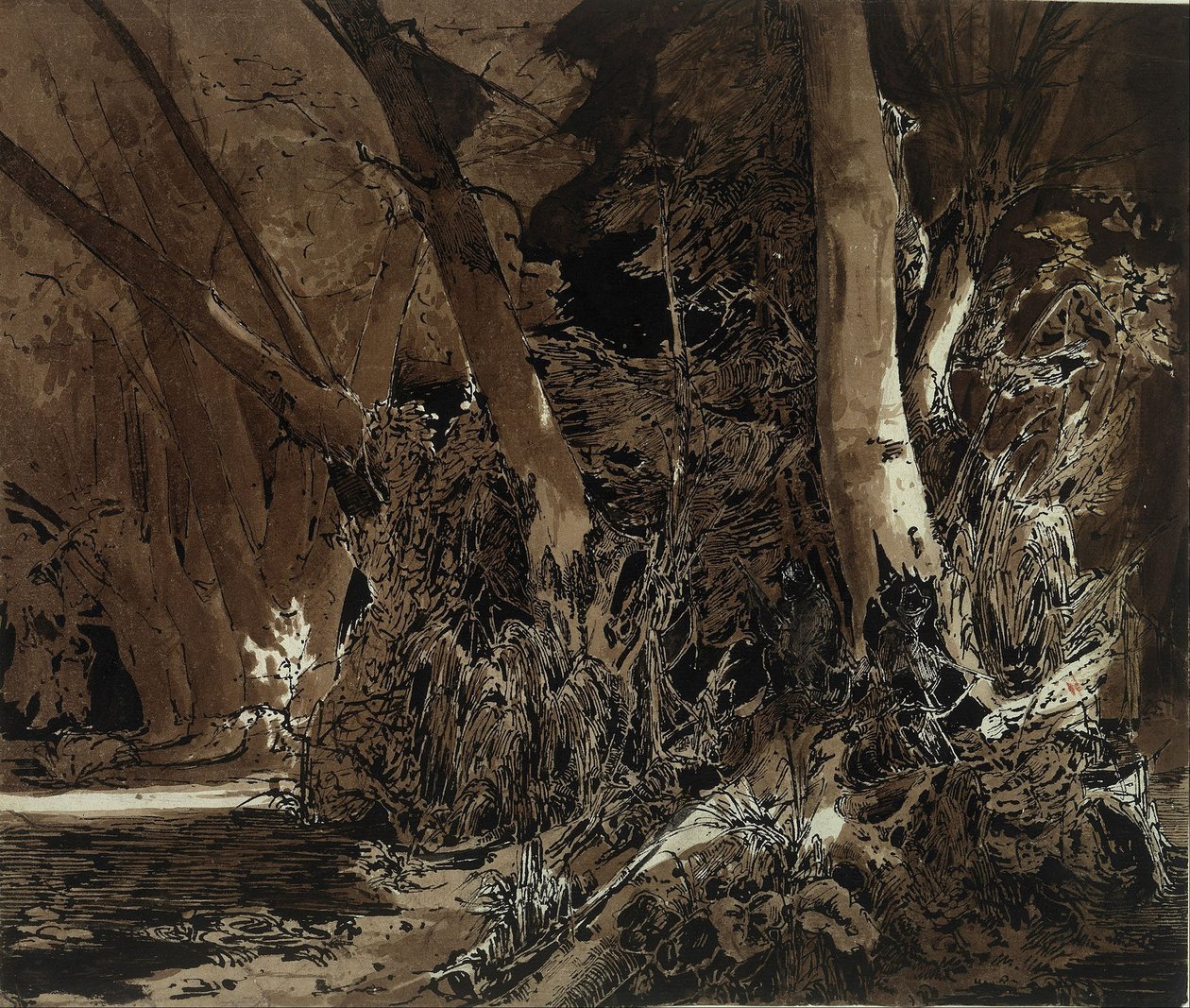 Skovlandskab med rindende vand og to jægere af Carl Blechen