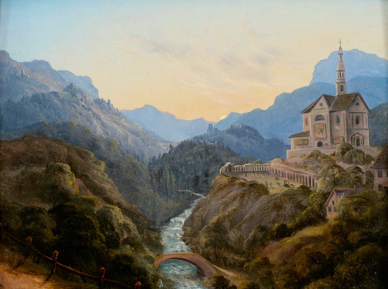 Aftenbjerget landskab med floddal og klosterkompleks af Carl Gustav Carus