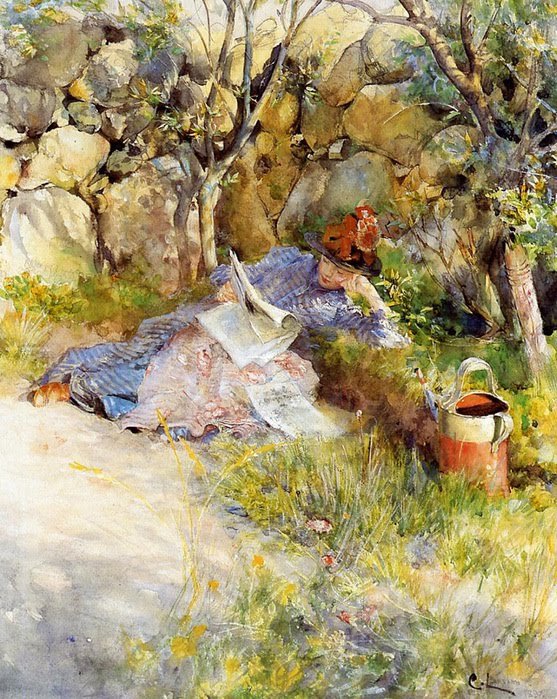 En dame, der læser en avis af Carl Larsson